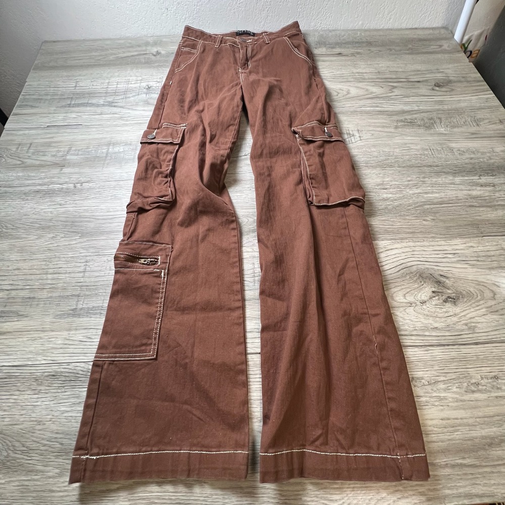 Hot Kiss Cargo Pants Womens 5 Brown Wide Leg Contrast Stitch Y2K Utility HP1332T